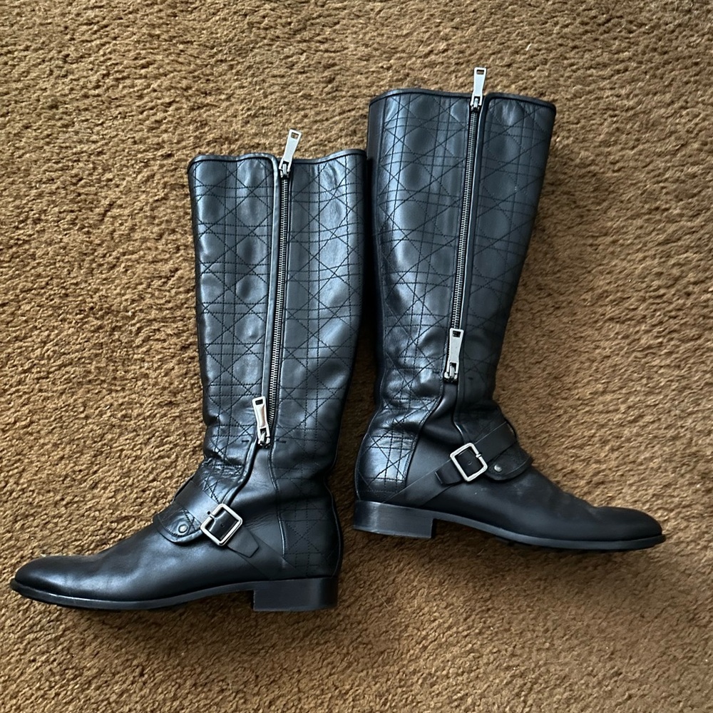 Dior Cannage Black Leather Knee Boots Moto Size 40/9 - Picture 6 of 8